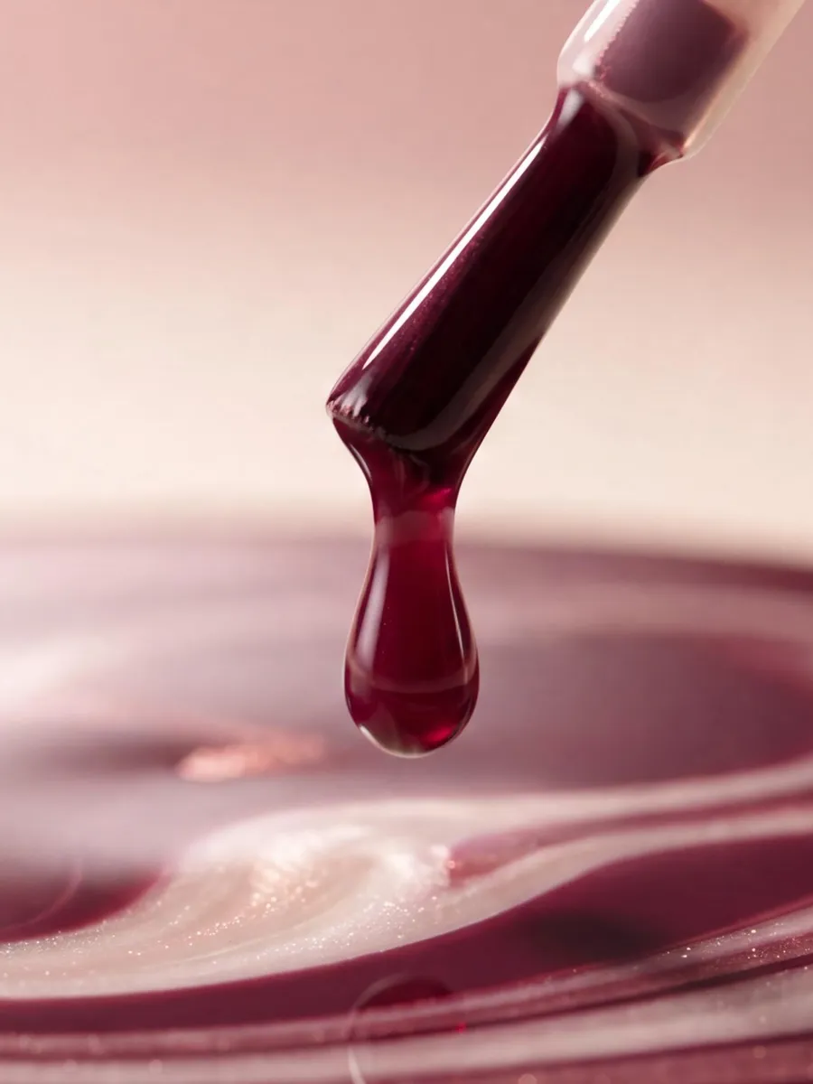 Goutte de vernis cerise suspendue au bout d'un pinceau